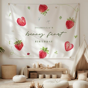 Strawberry Birthday Backdrop - Custom Berry First Party Banner - Berry Sweet Party Decor - Berries Party - Editable Instant Download