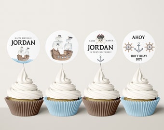 Pirate Birthday Cupcake Toppers - Nautical Adventure Theme Party Decorations - Ahoy Matey - Pirate Ship - Editable Instant Download