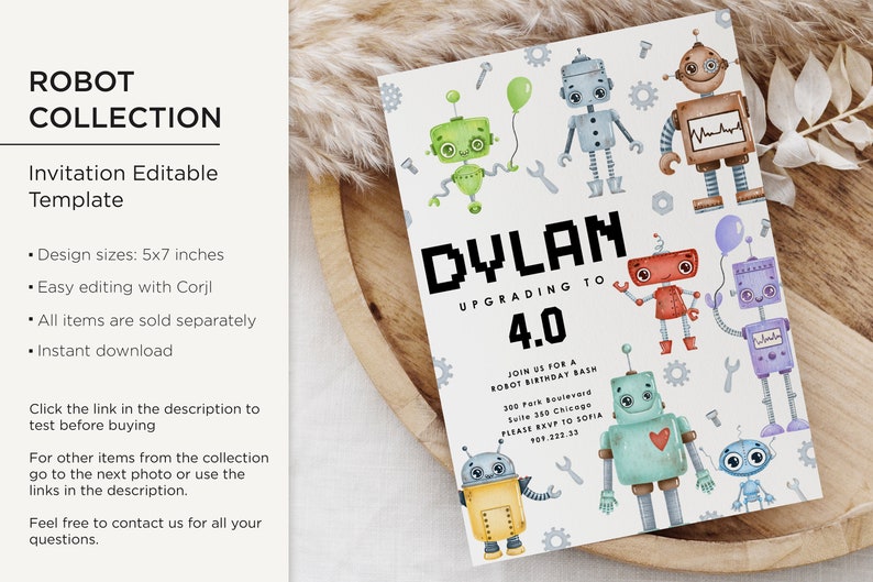 Robot Birthday Invitation Template Editable Robot Party Invite Boy Robot Party Personalized ...
