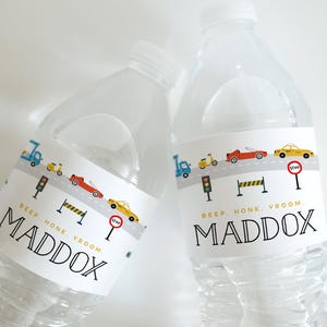 Transportation Birthday Water Bottle Label: Editable Vehicle Theme Party Decor - Truck Car Traffic Celebration (Digital Download)
