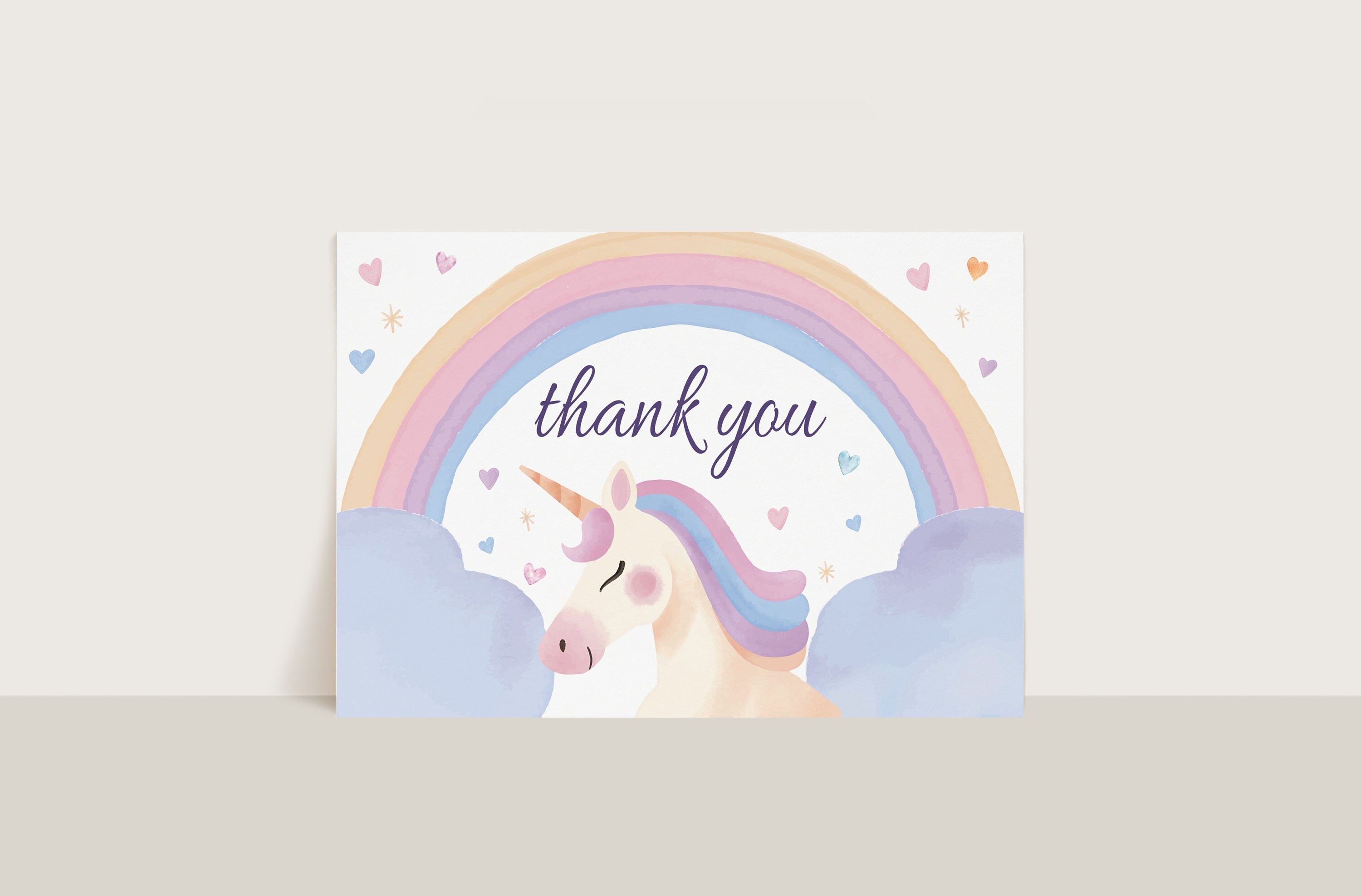 Unicorn Birthday Thank You Card Unicorn and Rainbow Thank You - Etsy