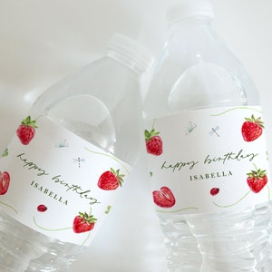 Strawberry Birthday Water Bottle Label - Berry First Party Decor - Berry Sweet Birthday, Personalized Berries Drink Wraps - Instant Download