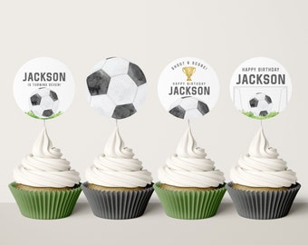 Soccer Birthday Cupcake Toppers - Football Theme Party Decorations - Sports Celebration Theme Party - Editable Instant Download