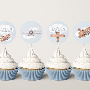 Airplane Cupcake Toppers - Aviation Theme Party Decorations - Minimalist Plane Party - Modern Airplane Birthday - Editable Instant Download