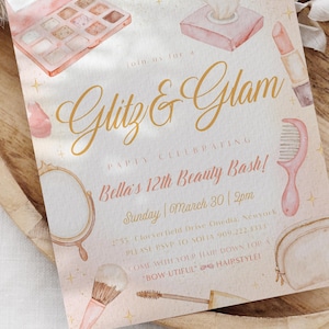 Editable Glitz & Glam Birthday Invitation - Pink Gold Spa Party, Girls Night Makeup Invite - Tween Beauty Sleepover Evite, Instant Download
