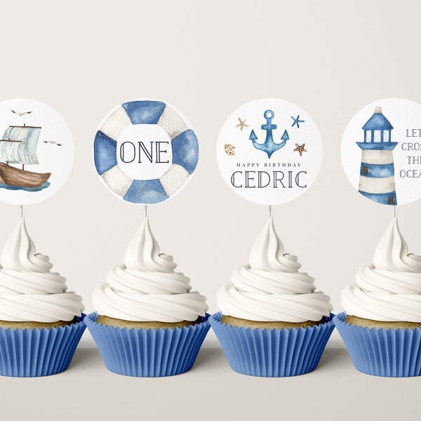 Nautical Birthday Cupcake Toppers - Navy Theme Party Decorations - SailBoat Party Toppers - Ahoy Sailor - Editable Instant Download