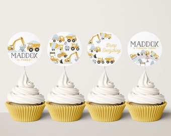 Construction Trucks Cupcake Toppers - Under Construction Theme Party Decorations - Excavator Birthday - Editable Instant Download