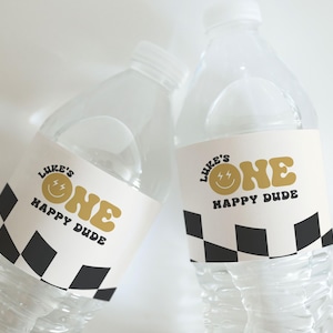 One Happy Dude Birthday Water Bottle Label - Retro Smiley Face First Birthday Party Decor - Sweet Baby Boy, Drink Wraps - Instant Download