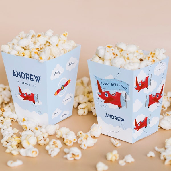 Airplane Birthday Popcorn Box Template - Aviation Theme Party Treat Containers - Aviation Birthday Snack Box - Editable Instant Download