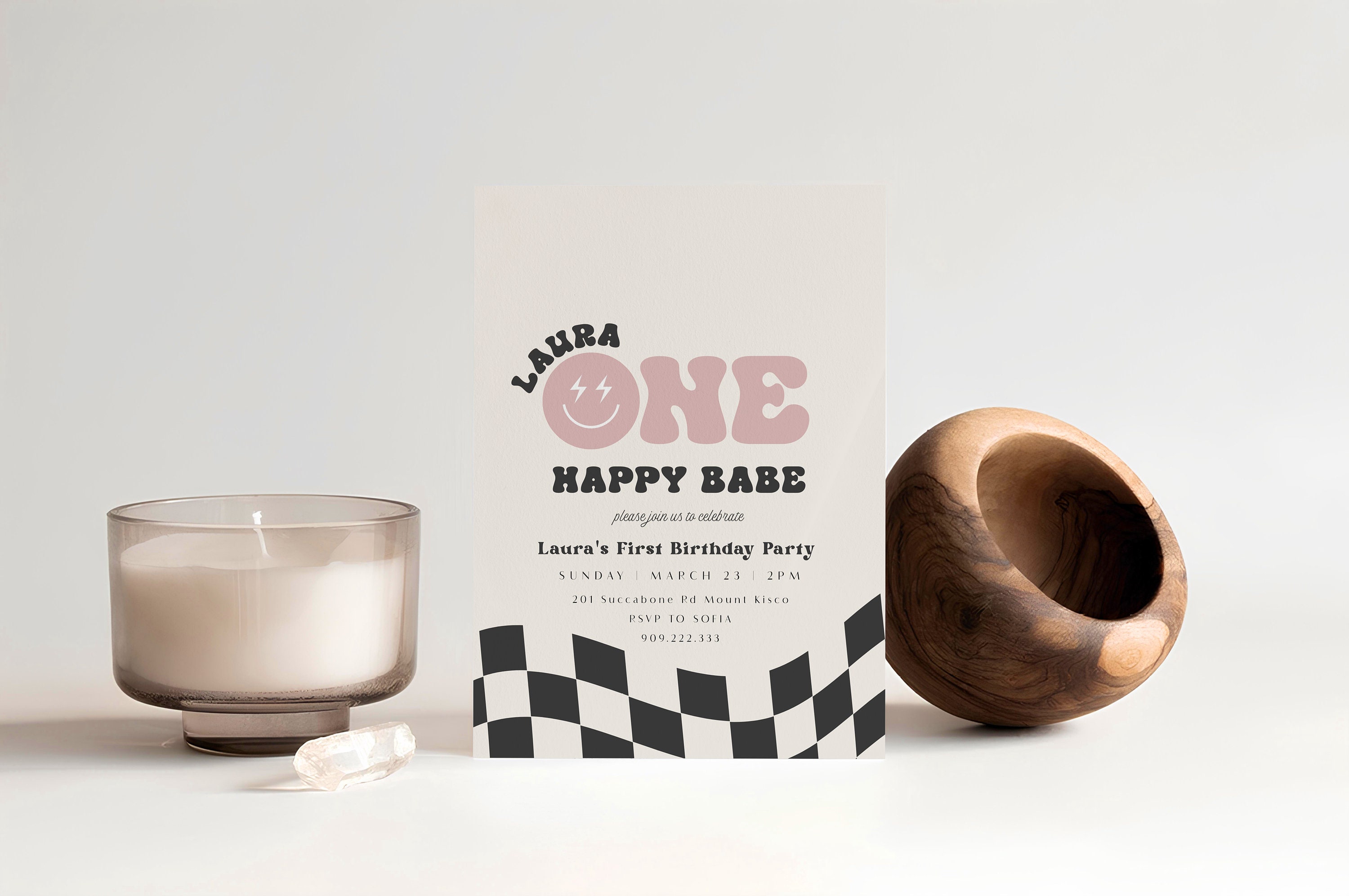 One Happy Babe Birthday Party Invitation Retro Smiley Face First Birthday Sweet Baby Theme One ...