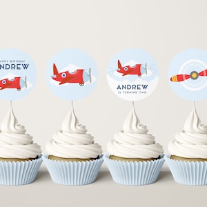 Airplane Cupcake Toppers - Aviation Theme Party Decorations - Minimalist Plane Party - Modern Airplane Birthday - Editable Instant Download
