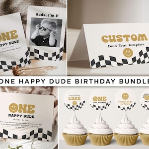 One Happy Dude Birthday Bundle Set - Retro Smiley Face First Birthday Decorations - Sweet Baby Boy Editable Party Template Instant Download