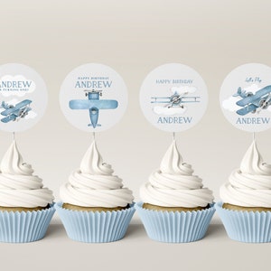Blue Airplane Cupcake Toppers - Aviation Theme Party Decorations - Minimalist Plane - Modern Airplane Birthday - Editable Instant Download