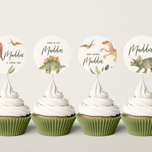 Dinosaur Birthday Cupcake Toppers - Jurassic Theme Party Decorations - Dino Party Toppers -  Editable Instant Download