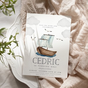 Invitation de fête d'anniversaire nautique - carte d'anniversaire voilier personnalisée - invitation à une fête sur le thème marin Ahoy - téléchargement immédiat modifiable