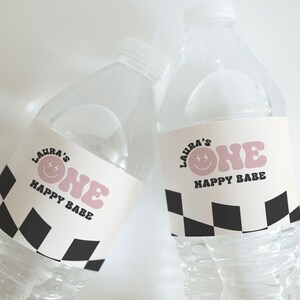 One Happy Babe Birthday Water Bottle Label - Retro Smiley Face First Birthday Party Decor - Sweet Baby Girl Drink Wraps - Instant Download