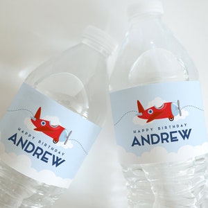 Airplane Birthday Water Bottle Labels - Personalized Aviation Theme Drink Wraps - Aviation Themed Birthday Party - Editable Instant Download
