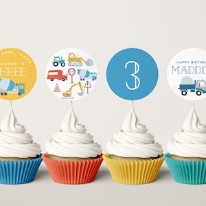 Transportation Birthday Cupcake Toppers - Trucks and Cars Theme Party Decorations - Vehicle Party Toppers -  Editable Instant Download