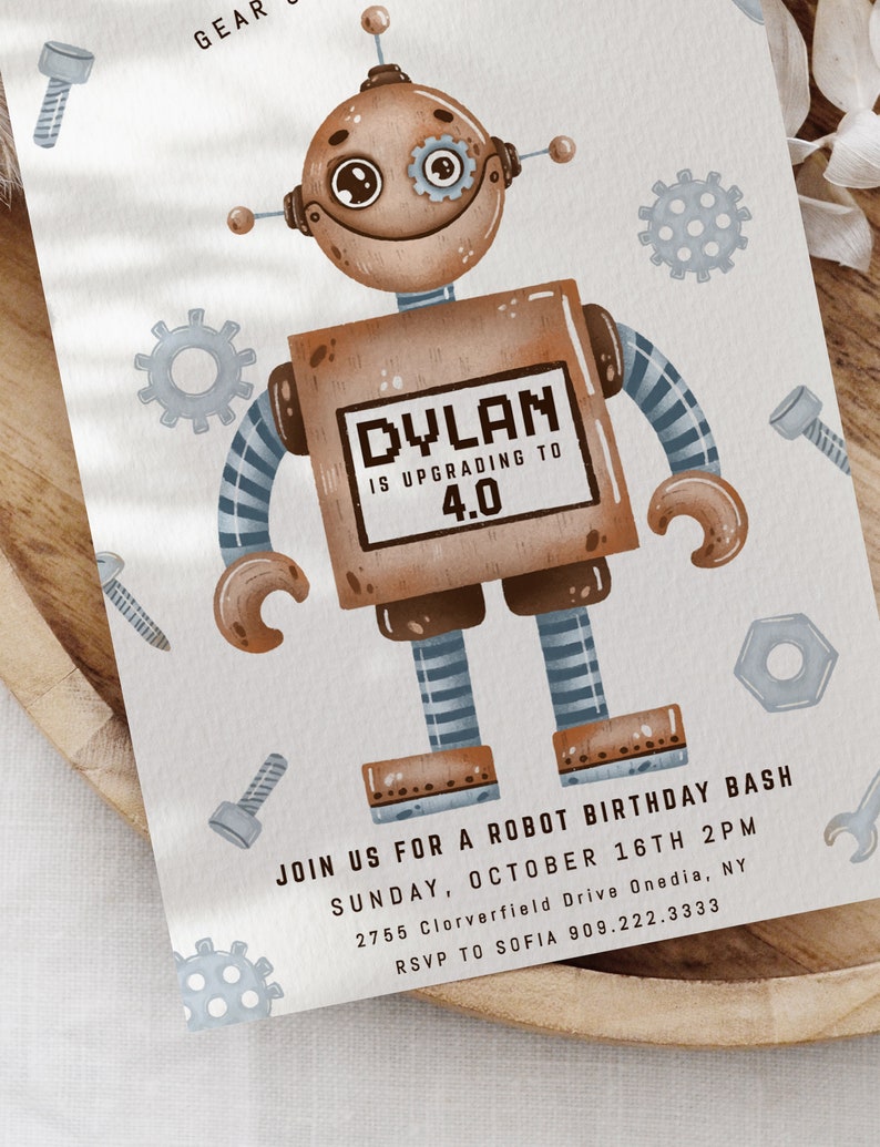 Robot Birthday Invitation Template: Editable Robotics Party Invite ...