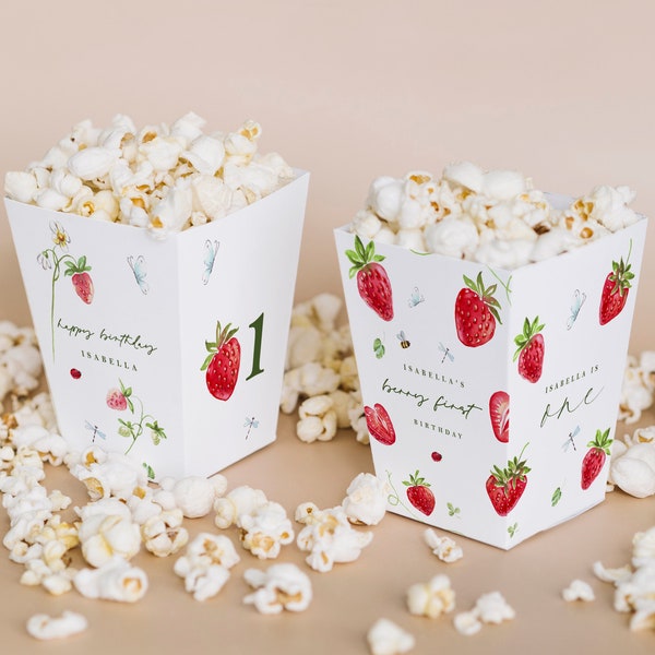 Strawberry Birthday Popcorn Box - Berry First Party Treat Containers - Berry Sweet Birthday Snack Box - Berries - Editable Instant Download