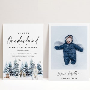 Winter Onederland Birthday Party Invitation Template - Editable Christmas First Birthday Theme - Girl Winter Party - Instant Download