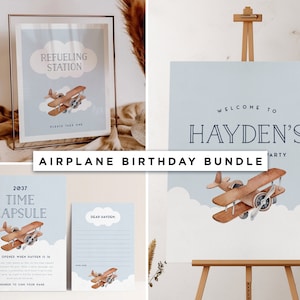 Airplane First Birthday Bundle Set - Aviation Birthday Decorations - Airplane Editable Party Template - Editable Instant Download