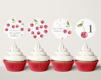 Cherry First Birthday Party Cupcake Toppers - Cherry Burst Party Toppers,  - Editable 1st Party Editable Template - Instant Download