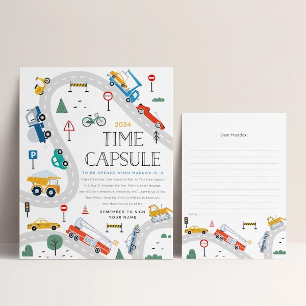 Transportation Birthday Party Time Capsule - Trucks and Cars Memory Box - Vehicle Editable Template - City Transportation - Instant Download