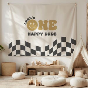 One Happy Dude Birthday Backdrop - Retro Smiley Face First Birthday Banner - Sweet Baby Boy Party Decor - Editable Instant Download
