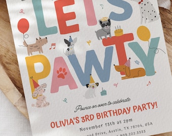 Puppy Pawty Birthday Invitation, Editable Dog Party Invite Template