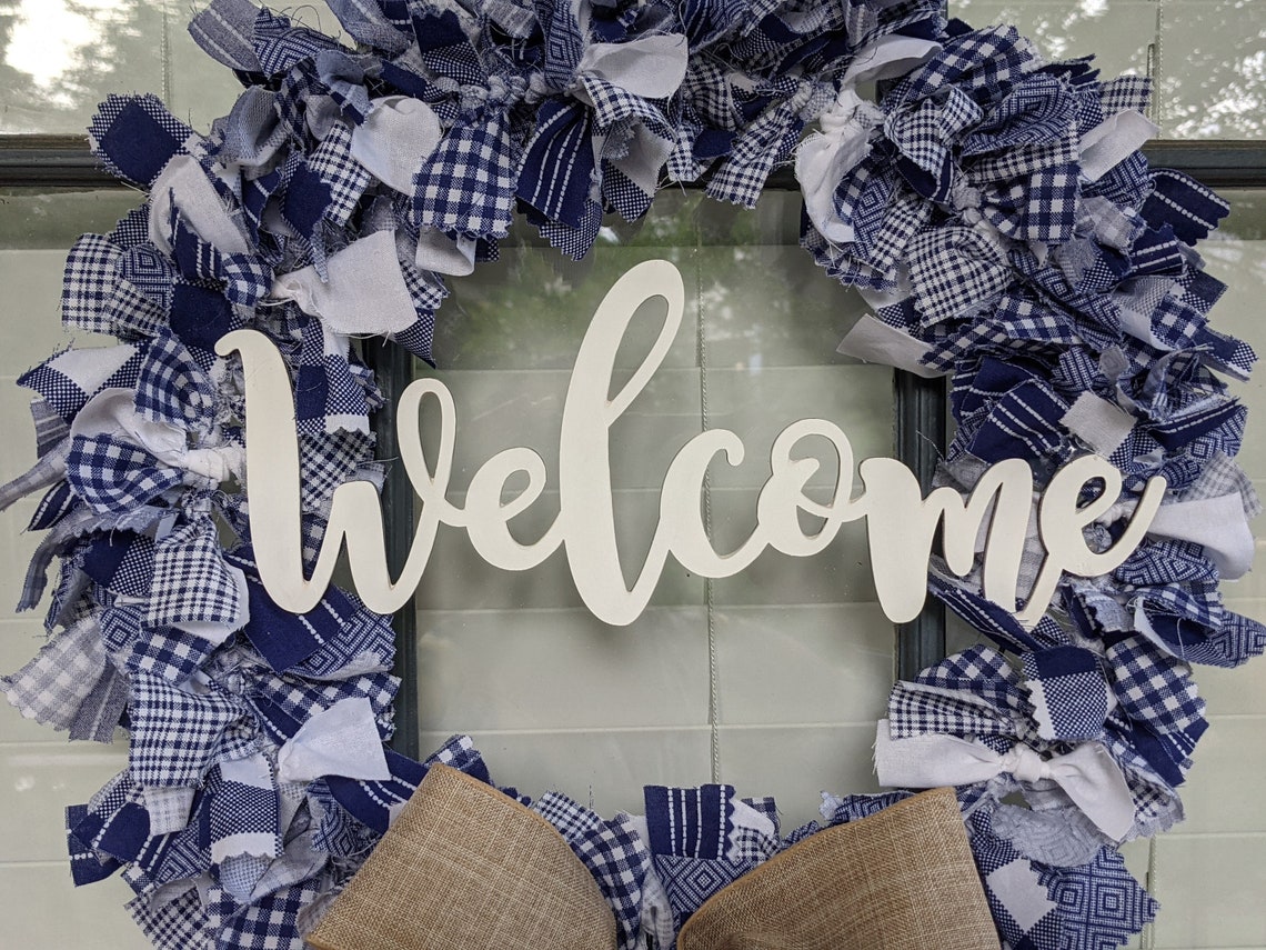 Blue & White Farmhouse Welcome Rag Wreath - Etsy