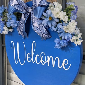 Blue and White Round Wood Welcome Door Hanger