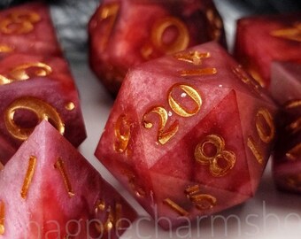 Heartfelt Matte - red and pink matte handmade dice, 7 pieces