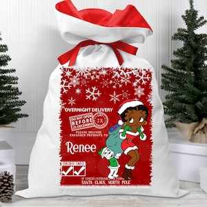 Personalized Black Betty Boop Inspired Santa Sack with Red Ribbon Closure for Christmas Gifts