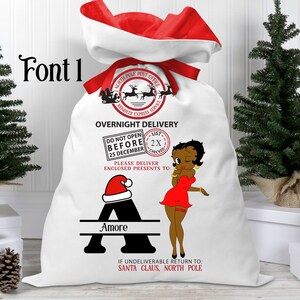 Personalized Black Betty Boop Inspired Santa Sack with Red Ribbon Closure for Christmas Gifts - Winking Betty
