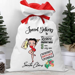 Personalized Betty Boop Inspired Santa Sack with Red Ribbon Closure for Christmas Gifts - Gift Bag Betty