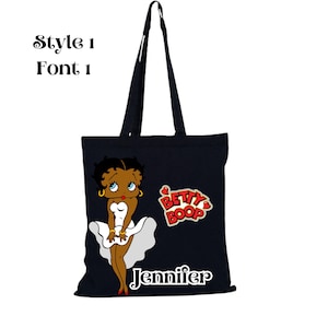 Personalized Afro American Betty Boop Black Canvas Tote Bag Gift for Her Custom Afro American