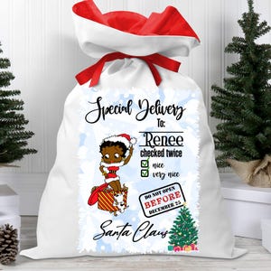 Personalized Black Betty Boop Inspired Santa Sack with Red Ribbon Closure for Christmas Gifts - Santa Hat Betty