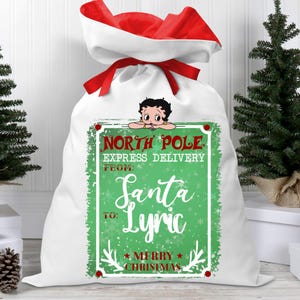 Personalized Betty Boop Inspired Santa Sack with Red Ribbon Closure for Christmas Gifts - Peeping Betty