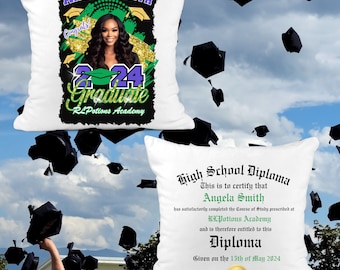 Personalized Diploma Throw Pillow Graduation Gift Green Yellow Black Double Sided