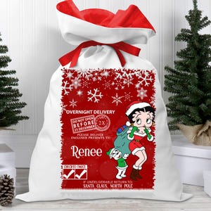 Personalized Betty Boop Inspired Santa Sack with Red Ribbon Closure for Christmas Gifts