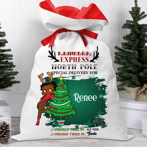 Personalized Black Betty Boop Inspired Santa Sack with Red Ribbon Closure for Christmas Gifts - Sexy Betty