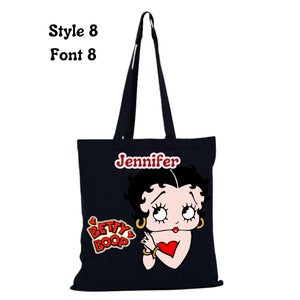 May include: Black canvas tote bag with a red and white Betty Boop graphic and the name Jennifer printed in red.