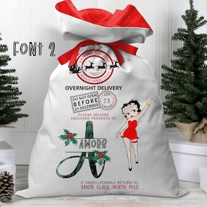 Personalized Betty Boop Inspired Santa Sack with Red Ribbon Closure for Christmas Gifts - Big Hug Betty