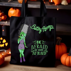Frankenstein&#39;s Bride Betty Boop Black Halloween Canvas Tote Bag Gift for Her