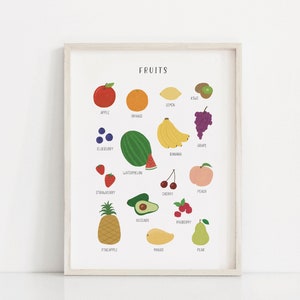 Póster de frutas IMPRIMIBLES para niños, Decoración de pared del aula preescolar, Póster educativo para niños pequeños, Nursery Playroom Montessori Learning Wall Art