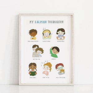 Técnicas de calma para niños imprimibles, póster educativo preescolar "Rincón de la calma", decoración de pared para aula Montessori de guardería.
