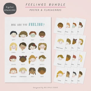 PAQUETE de póster y tarjetas didácticas imprimibles con gráficos de sentimientos para niños, recurso educativo de emociones preescolares, decoración de pared de ayuda en el aula