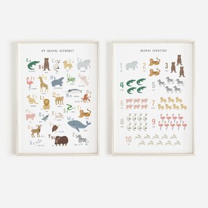 Alfabeto de animales IMPRIMIBLE y cartel de conteo para niños, conjunto de 2, arte educativo de la pared de números ABC, decoración de la pared del aula Montessori de la guardería