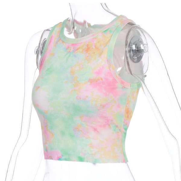 Tie Dye Crop Tank Top, Pastel Multicolor Tie Dye Tank, Tie Dye Cropped Tank Fitted, Yoga Workout Crop Tank